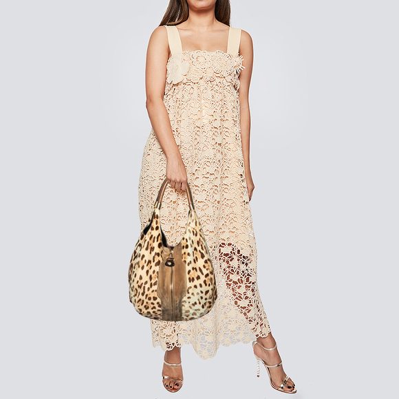 JIMMY CHOO Beige/Brown Leopard Print Calf Hair and Suede Mandah Expandable Hobo - Picture 2 of 9